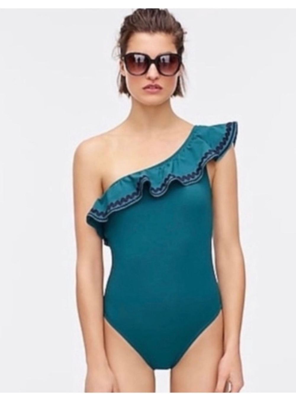 J.Crew | Teal one shoulder Rickrack one piece swimsuit